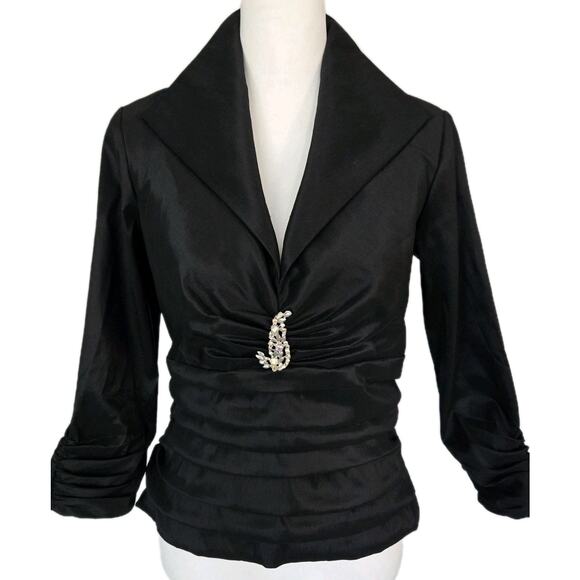 Tadashi Soji Stretch Taffeta Rouched Evening Cocktail Black Brooch Blouse Sz 8 - Picture 1 of 13